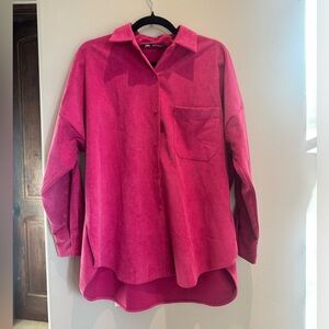 Zara Pink Corduroy Button Down Shirt Oversized Barbiecore Dopamine Dressing Y2K